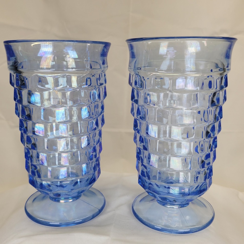 2‎ Indiana Whitehall Cubist Blue Footed Glass Tumbler Iced Tea Diamond Glasses